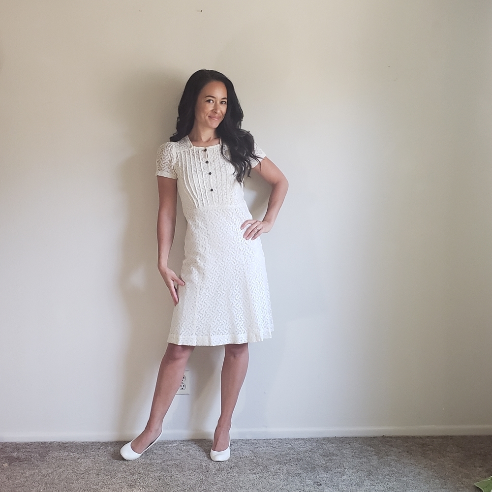 1930s 1940s White Cream Vintage Lace Dress Gem